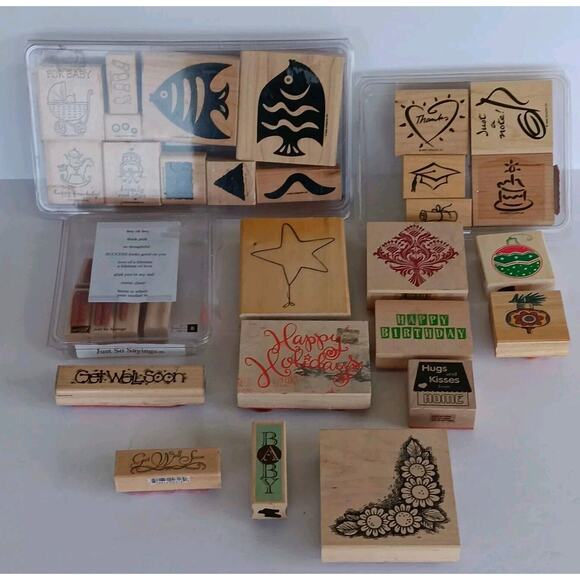 Stampin Up & Unbranded Rubber Wood Mounted New & Used Stamps Lot of 34 Stamps - Picture 1 of 16